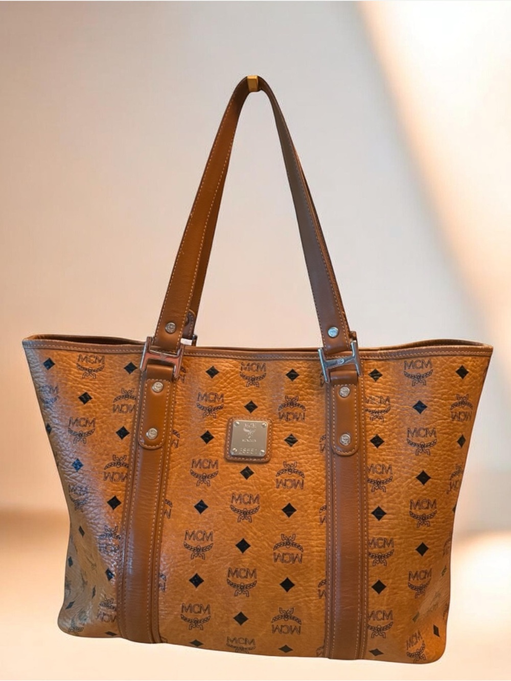 MCM Visetos Brown Cognac Logo Tote Bag